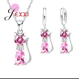 NWT Pink Austrian Crystal Kitty Cat Stamped S925 Earrings & Necklace Set!